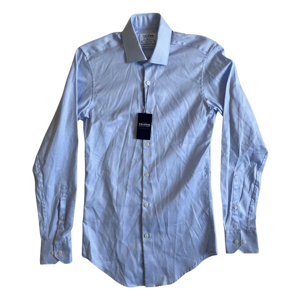 TM Lewin Mens Super Fitted Long Sleeve Buttoned‎ Cotton Shirt Blue, 14.5 x 33.5